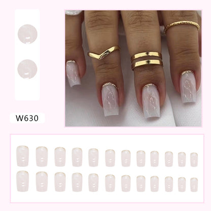 Medium-length glitter stone pattern white crack wearable nails 24 pieces 