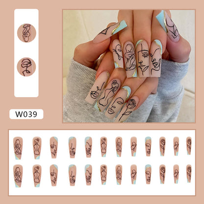 European and American super long ballet nails geometric simple drawing character lines wear nails 24 pieces