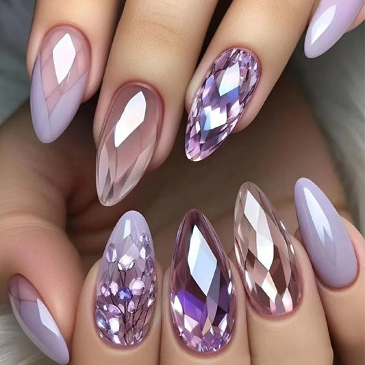 Lilac Diamond Sparkling Long Wearable Nail 24pcs