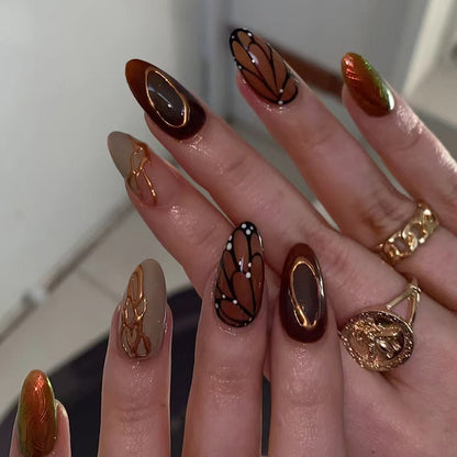 Brown butterfly wings 3D pattern wearable nails 24 pieces