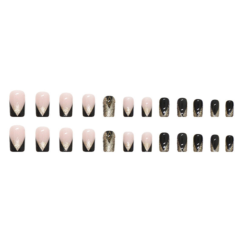 Black glitter gold glitter ins elegant and noble wearable nail 24 pieces 