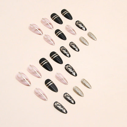 Dark Amber Gold Foil Flashing Almond Nail Wearable 24pcs