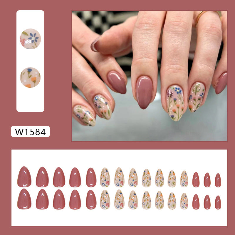 Foreign trade nail art patches short almond nail nail pieces wearable and removable small fresh flower nail art patches 30 pieces 