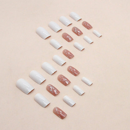 Pearlescent gentle white fragments medium-length square wearable nails 24 pieces