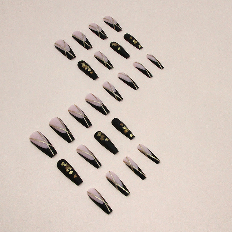 Long ballet sweet cool noble black gold chain French striped maple leaf wear nail 24 pieces