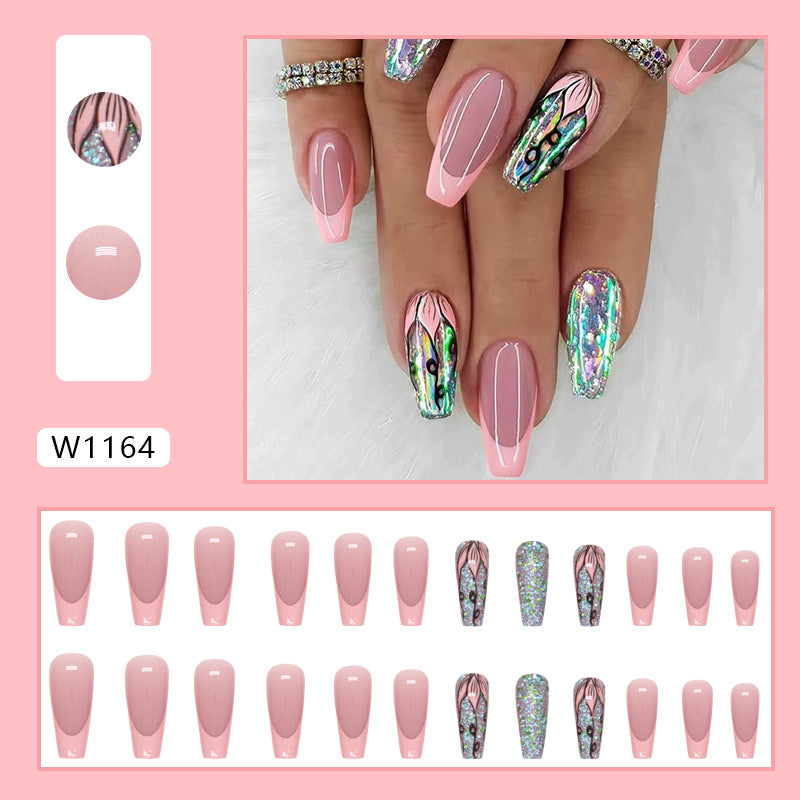 Pink flower sweet girl ins medium and long wear nails 24 pieces