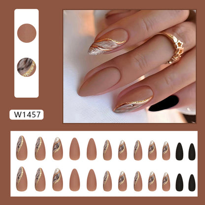 Brown lake smudged autumn and winter medium almond nail wear 24 pieces