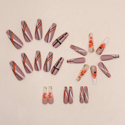 Long ballet striped leaves warm brown ins style autumn elegant wear nails 24 pieces