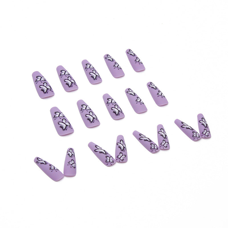 European and American long ballet nails butterfly purple wearable nails 24 pieces