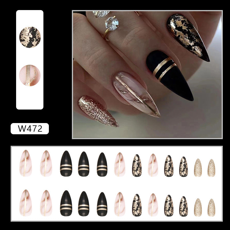 Dark Amber Gold Foil Flashing Almond Nail Wearable 24pcs