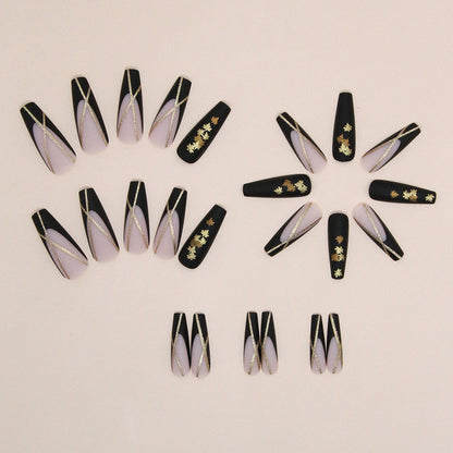 Long ballet sweet cool noble black gold chain French striped maple leaf wear nail 24 pieces