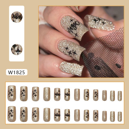 Gold glittering stars black letters medium long square wearable nail 24 pieces