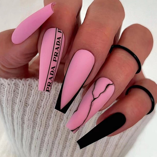 Long ballet sweet cool hot girl ins style matte black letter crack wearable nail 24 pieces