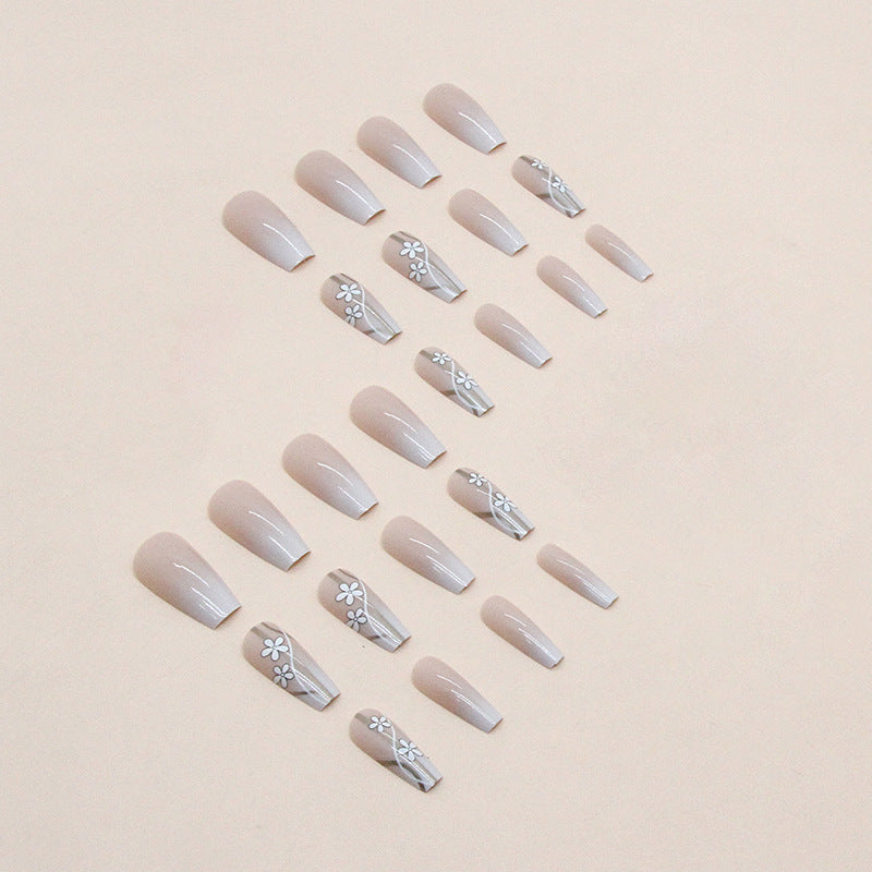 Medium-length gradient white flower gold thread wearable nails 24 pieces