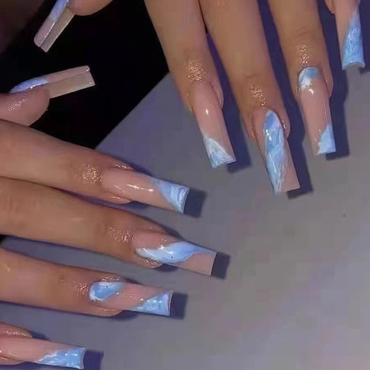 Long ballet nails blue and white sky color matching wearable nails 24 pieces