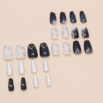 Peach Blossom Print Silver Blue Ink Cat Eye Wearable Nail 24pcs