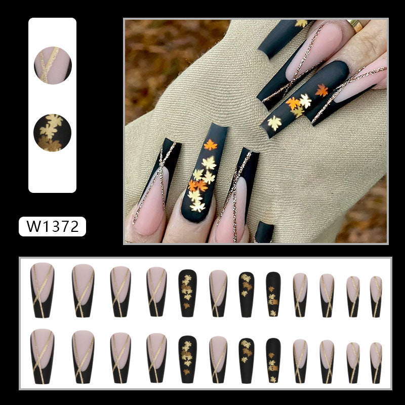 Long ballet sweet cool noble black gold chain French striped maple leaf wear nail 24 pieces