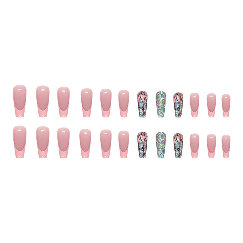 Pink flower sweet girl ins medium and long wear nails 24 pieces