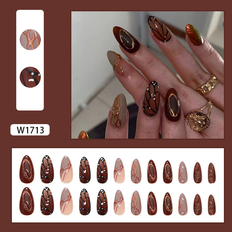 Brown butterfly wings 3D pattern wearable nails 24 pieces