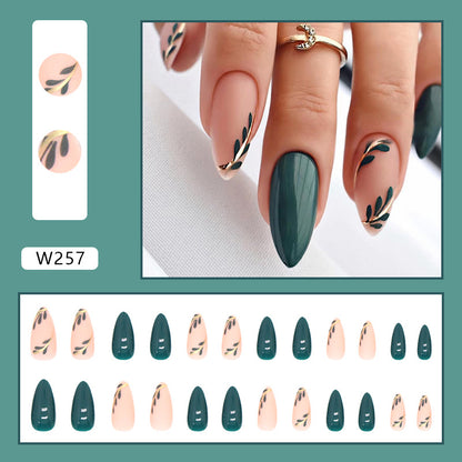 Small fresh bright color matte double dark green cool green leaf wear nail 24 pieces