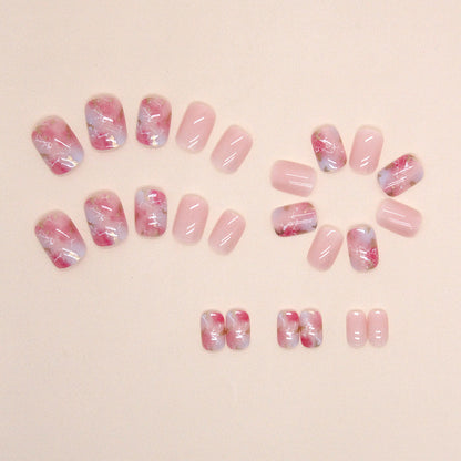 Cherry Blossom Dye Romantic Sunset Gold Foil Short Wearable Nail 24 Pieces 