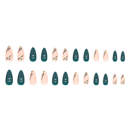 Small fresh bright color matte double dark green cool green leaf wear nail 24 pieces