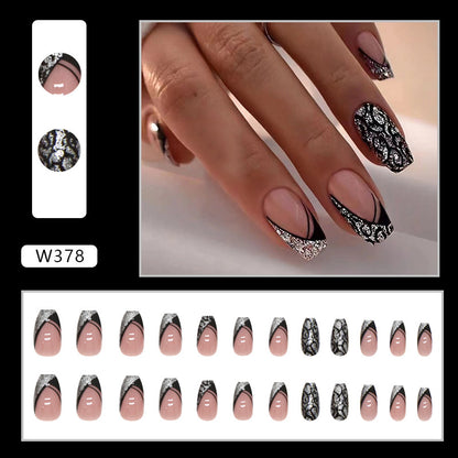 Black triangle glitter leopard print short ballet wearable nails 24 pieces