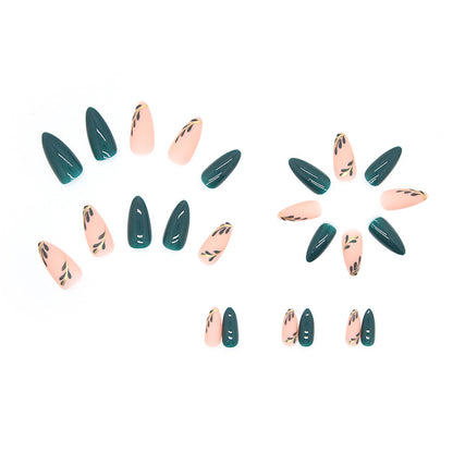 Small fresh bright color matte double dark green cool green leaf wear nail 24 pieces